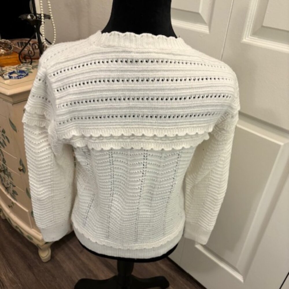 J Crew Knit Ivory Feminine Crewneck Sweater Ruffles EUC Med - Picture 3 of 5